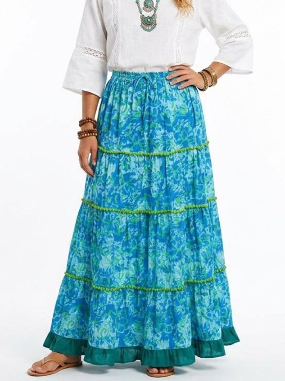 Beautiful Hippie Skirt Floral Peasant Maxi w/ pompoms!